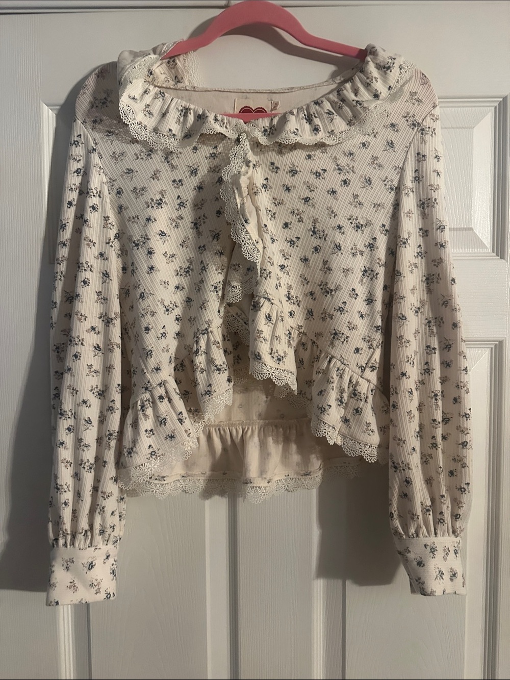 Lace-Trim Floral Ruffle Blouse - Cream with Blue Print